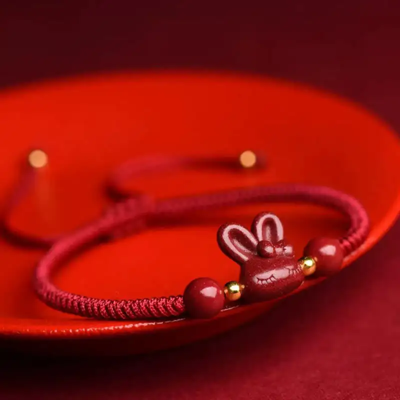 Handmade Cinnabar Zodiac Rabbit Rope Bracelet