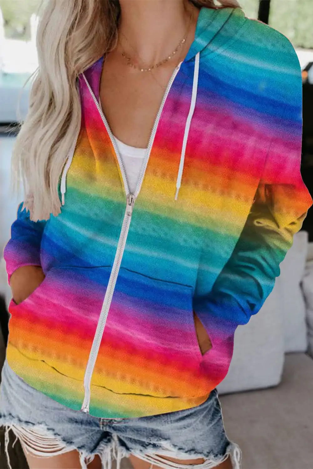 Tie Dye Zipper Pocket Drawstring Hooded Jacket