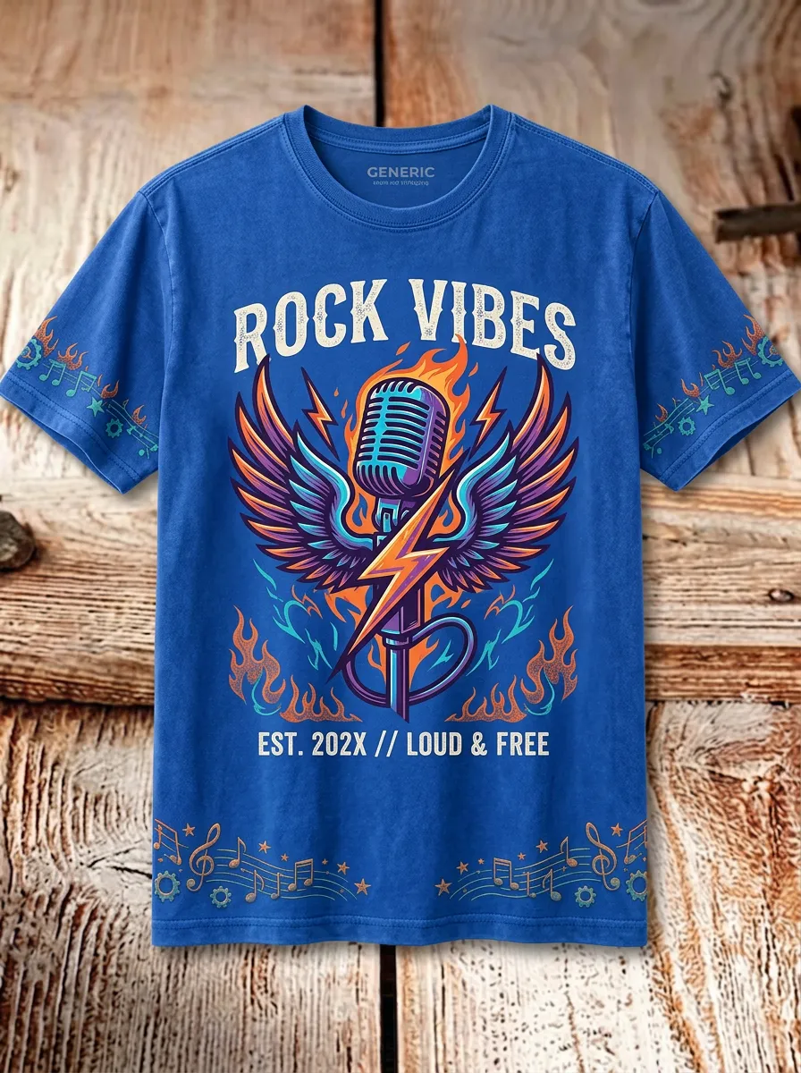 Unisex Rock Music Lover Flaming Microphone Wing Printed T-shirt