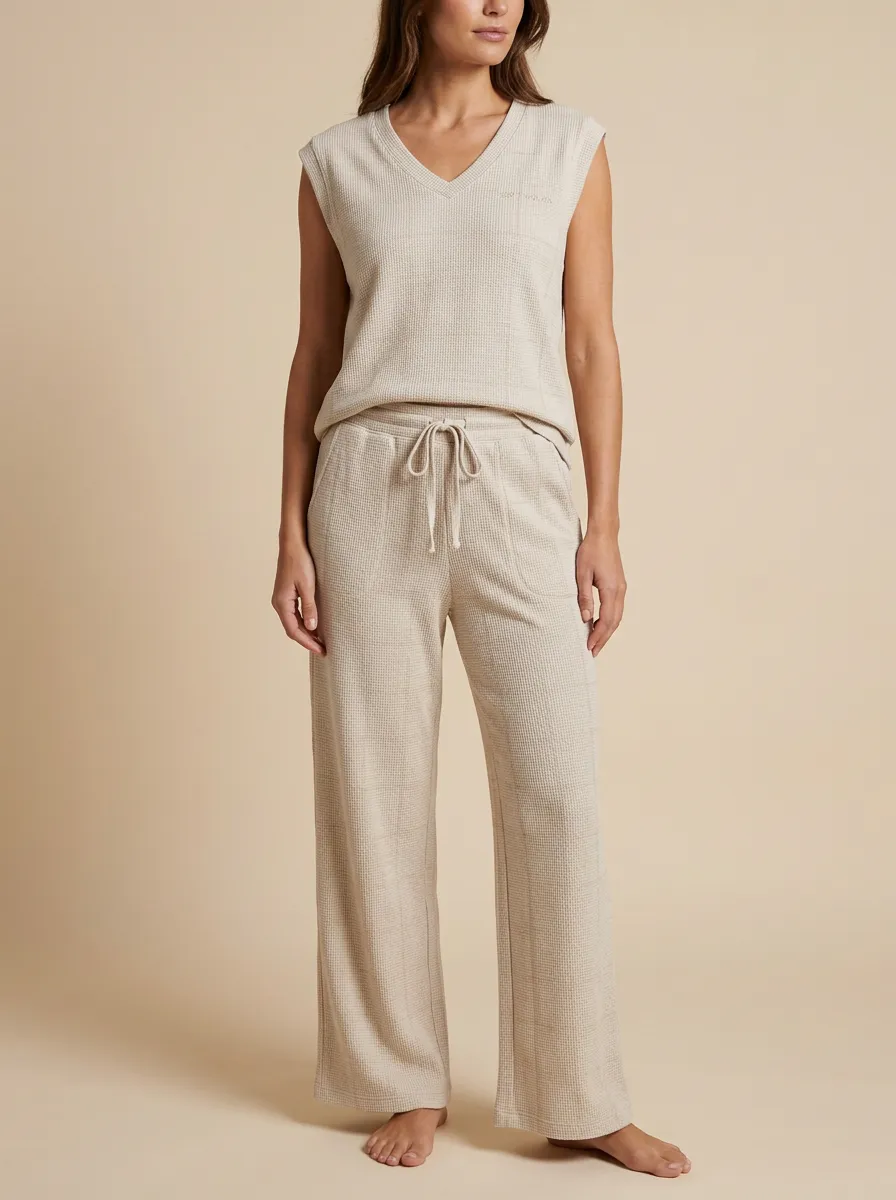 Side Pockets Waffle Knit Sleeveless Lounge Set