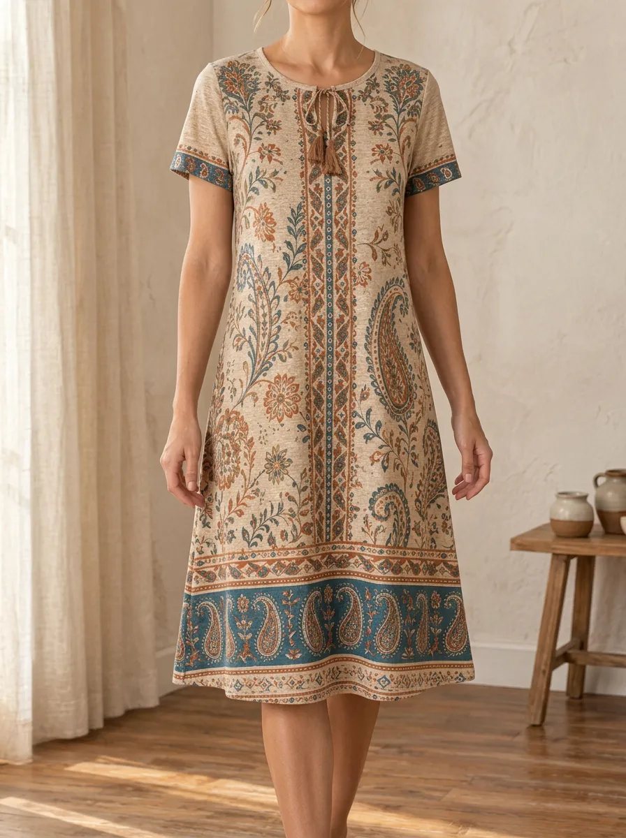 Women's Bohemian Paisley Floral Printed Tassel Tie Dress