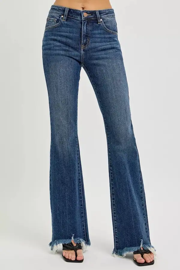 Modern Mid Rise Flare Leg Frayed Denim Jeans