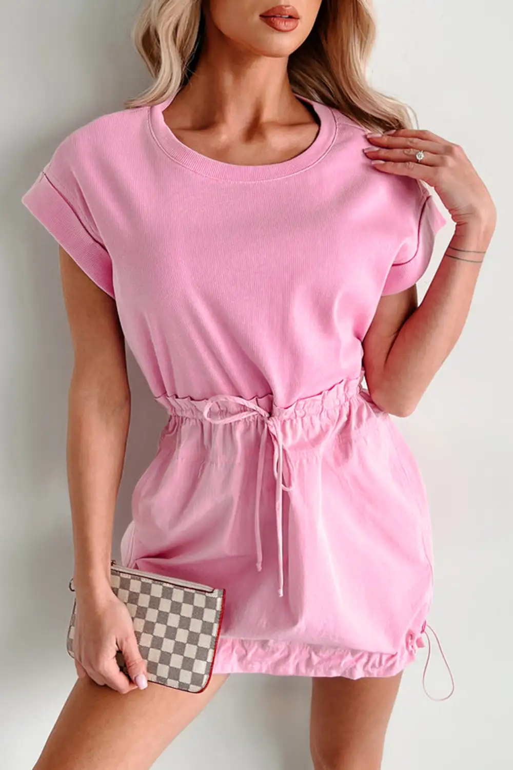 Patchwork Drawstring Short Sleeve Mini Dress