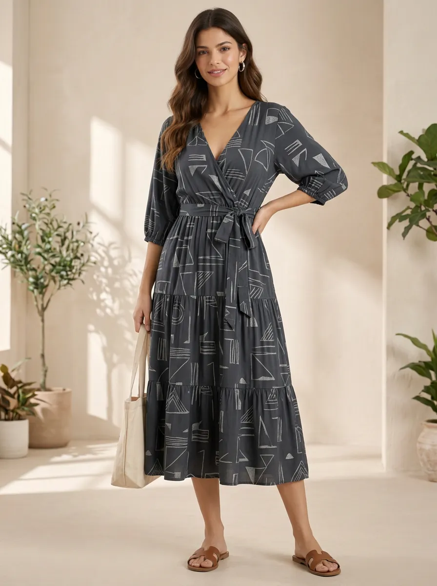 Women's V Neck Softly Styled Geometric Print Midi Dress