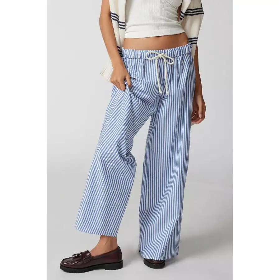 Casual Drawstring Striped Wide Leg Pants