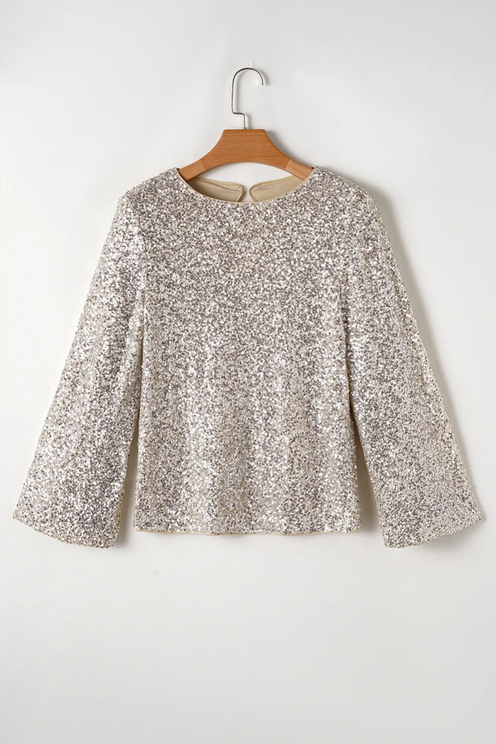 Silvery Sequin Puff Sleeve Cutout Blouse