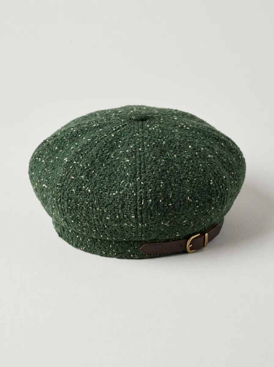 Unisex Vintage Style Green Tweed Buckle Beret Hat