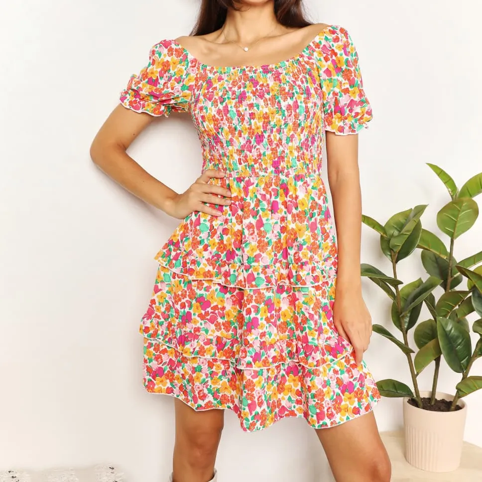 Devine Smocked Sweetheart Neck Flounce Sleeve Mini Dress