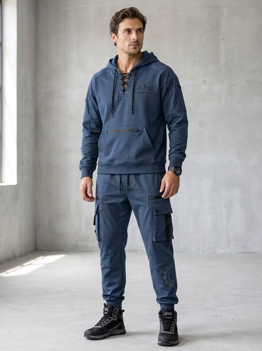 Signature Lace-Up Mountain Graphic Relaxed Look Men's Lace Up Hoodie And Cargo Jogger Set
