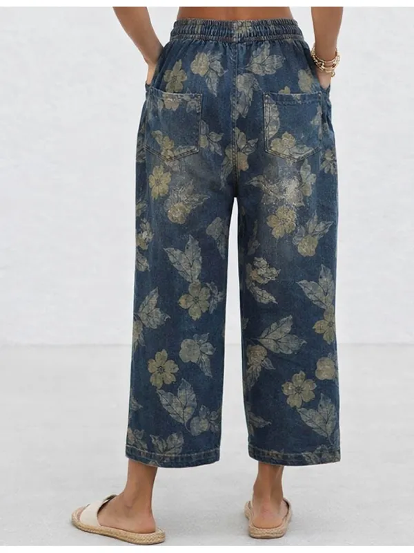 Graphic Elastic Waist Barrel Leg Denim Easy Pants