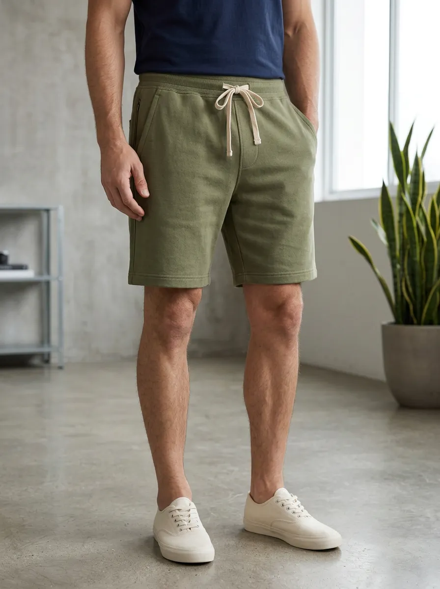 Men's Casual Olive Green Drawstring Fleece Shorts