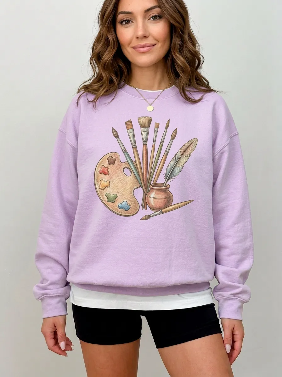 Women's Artist Painting Palette Brushes Feather Graphic Sweatshirt
