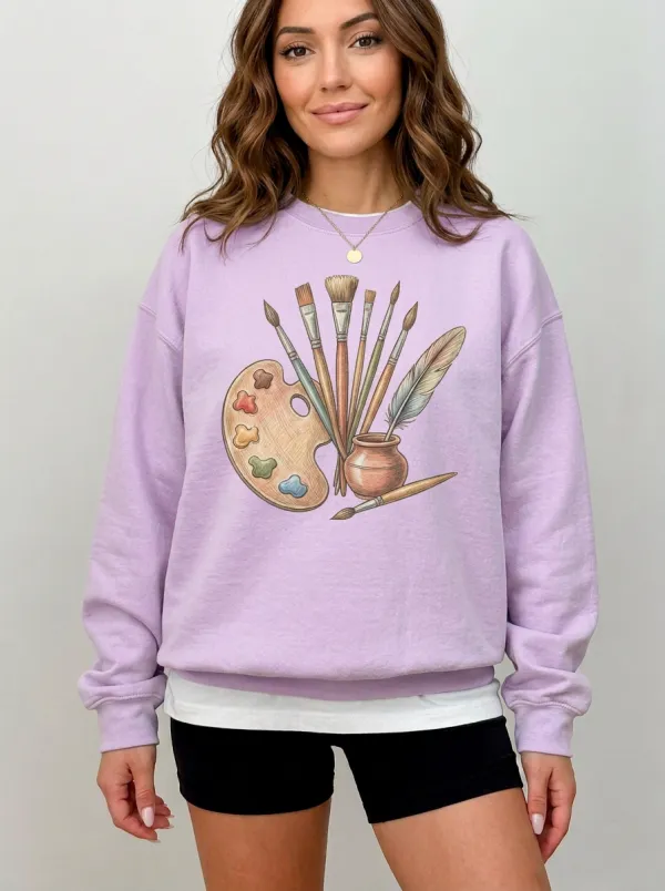 Women's Artist Painting Palette Brushes Feather Graphic Sweatshirt