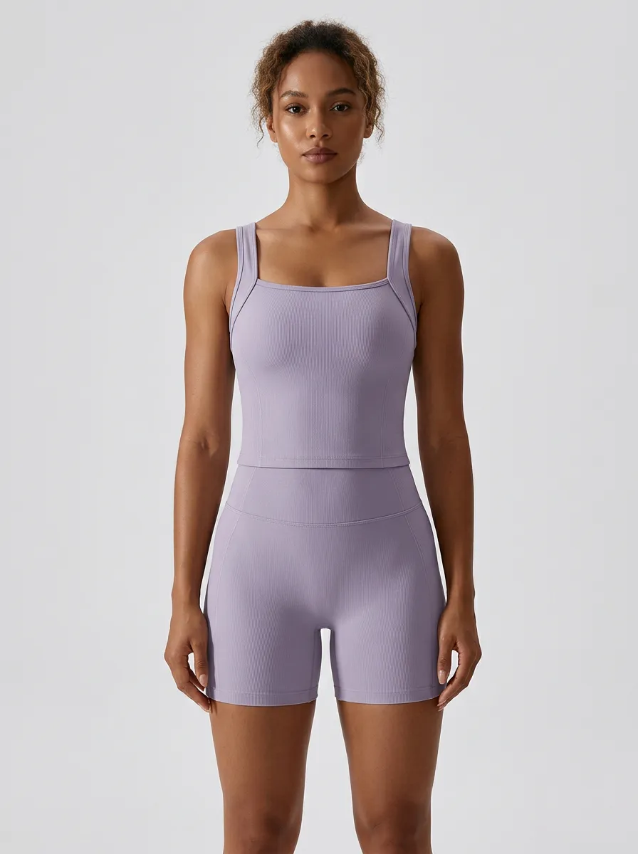 Contemporary Ribbed Texture Street Style Women's Tank Top And Sports Shorts Set