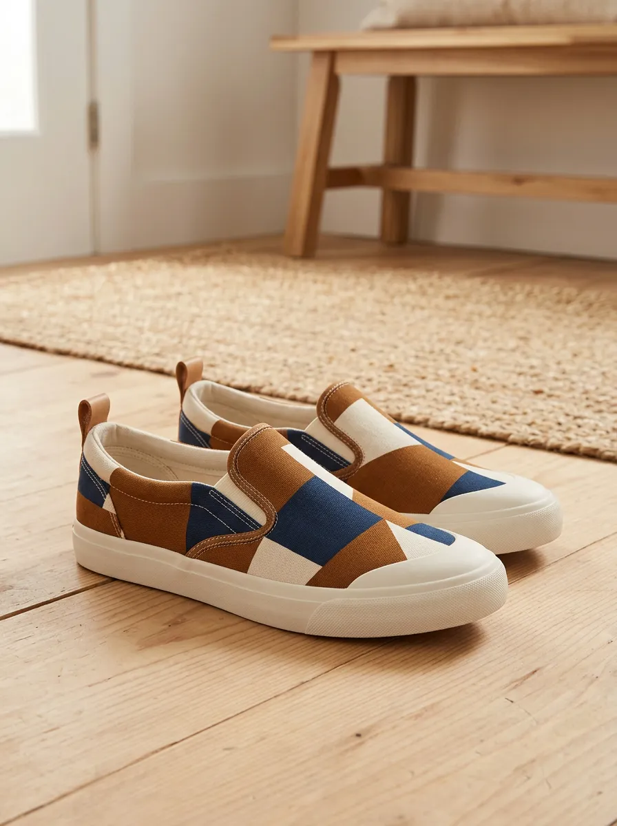 Men's Geometric Colorblock Brown Blue Printed Canvas Shoes