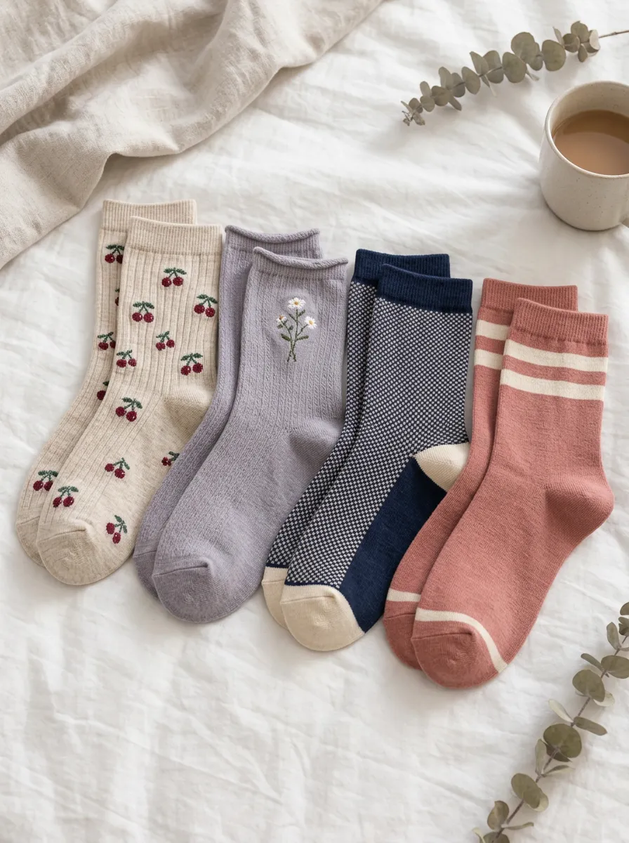 Women's Vintage Floral Cherry Patterned Printed 4-Pack Socks