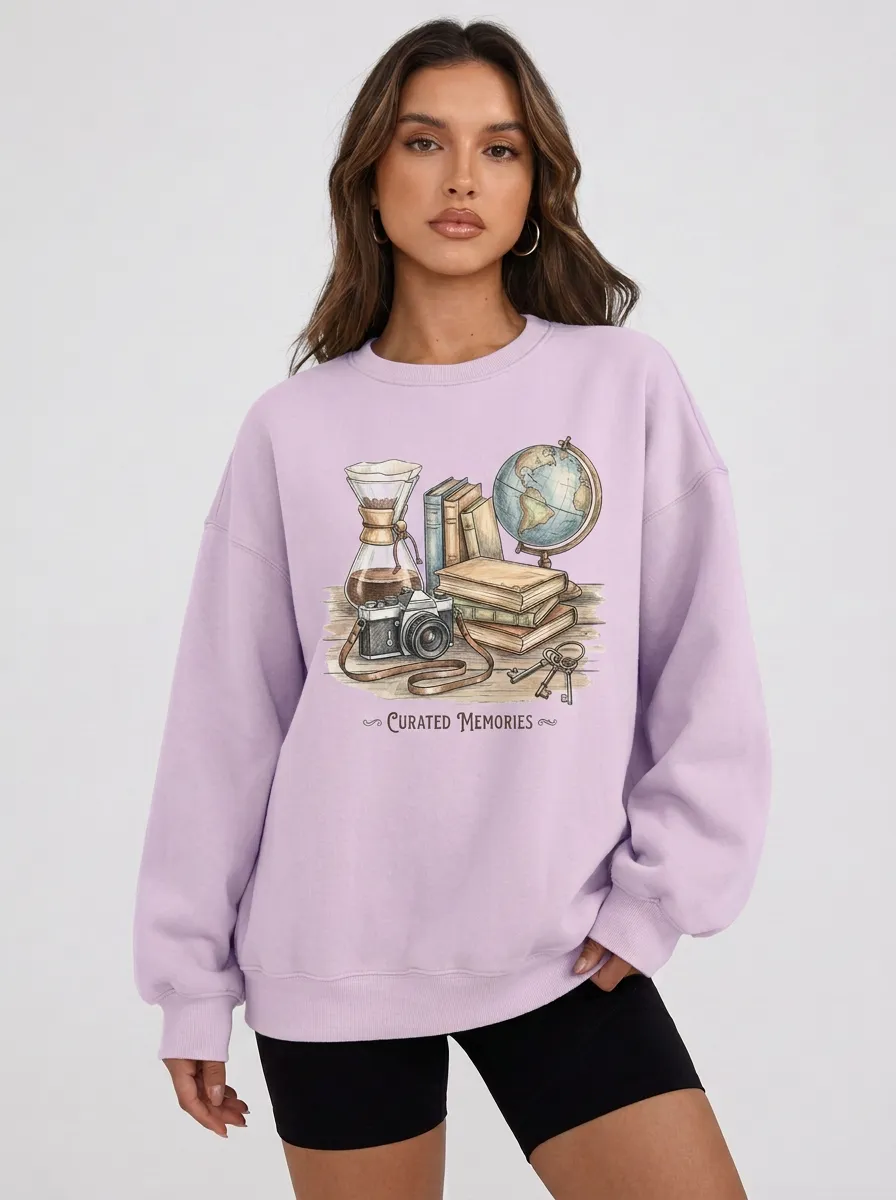 Women's Travel Book Globe Camera Graphic Sweatshirt