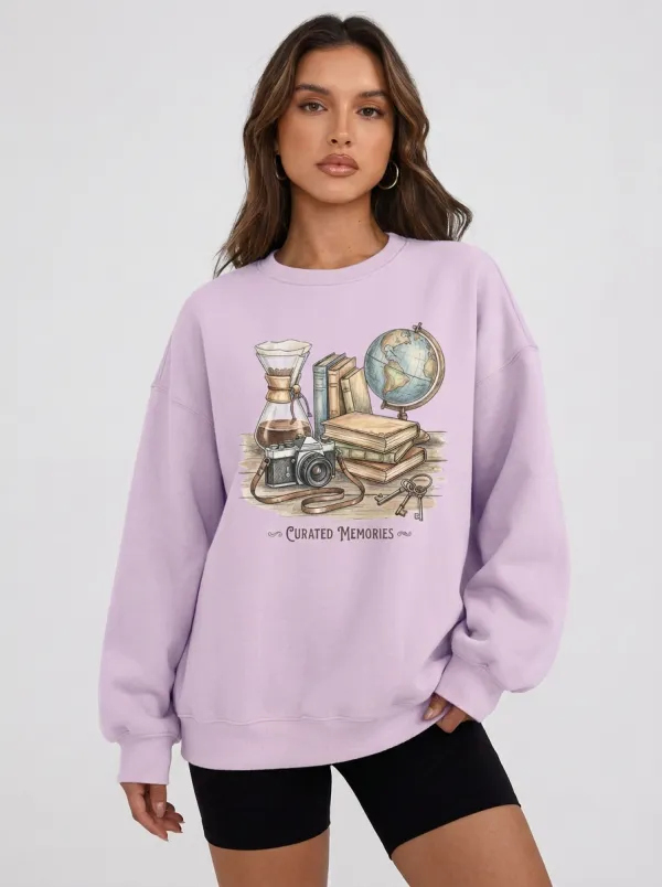 Women's Travel Book Globe Camera Graphic Sweatshirt