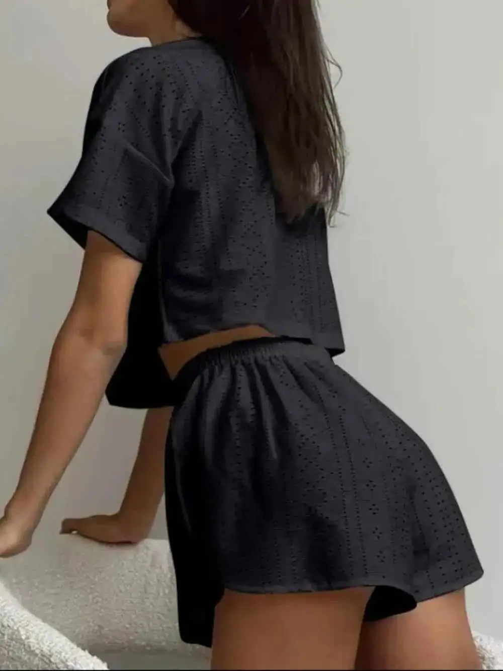 Pull On Eyelet Round Neck Top and Shorts Set