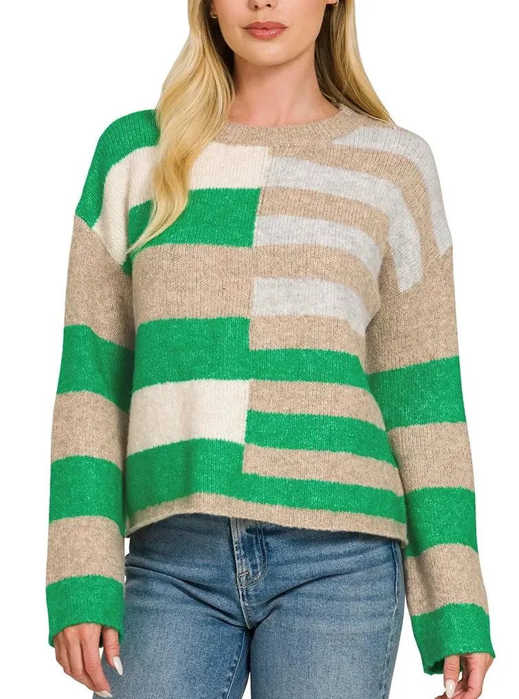 Relaxed Lightweight Wool Blend Color Block Sweater