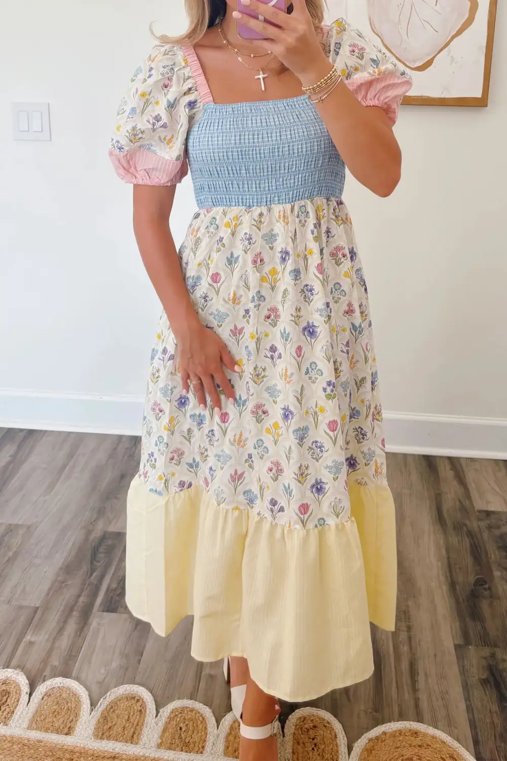 Floral Striped Square Neck Dress Casual