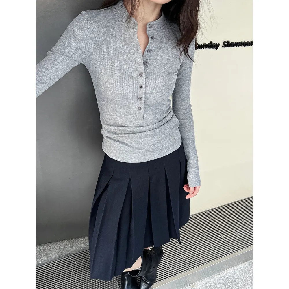 Minimal Slim Fit Single Button Long Sleeve T-Shirt