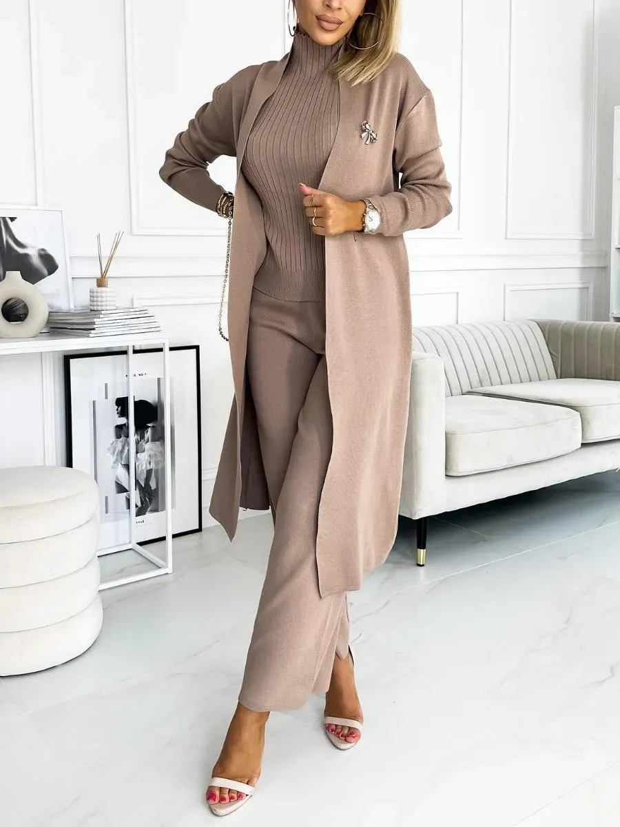 Women's Solid Color Cardigan 3 pieces Tank and Trousers