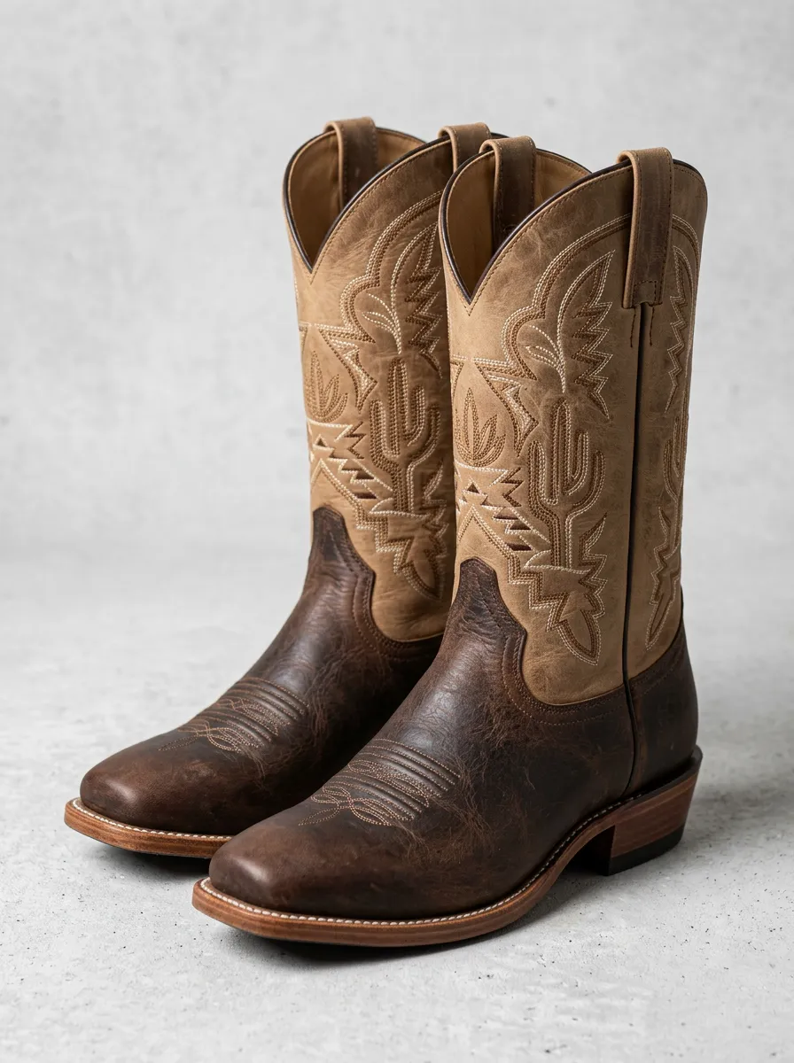 Men's Western Cowboy Cactus Embroidered Leather Boots