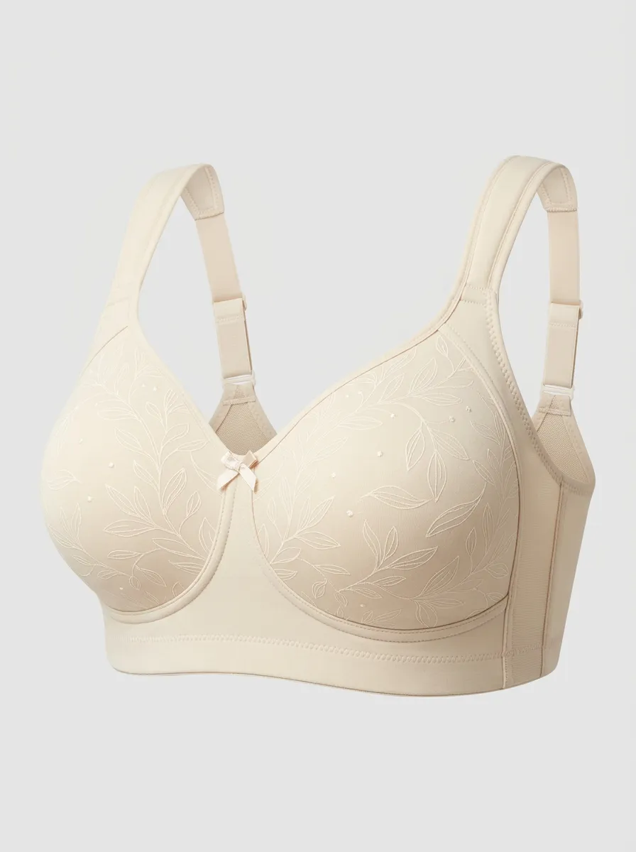 Women's Plus Size Beige Leaf Full-Coverage Wireless Bra