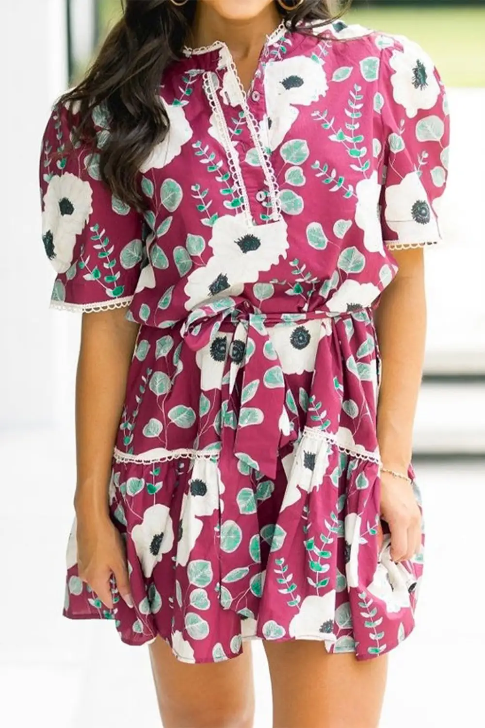 Trimmed Short Puff Sleeve Mini Dress with Belt
