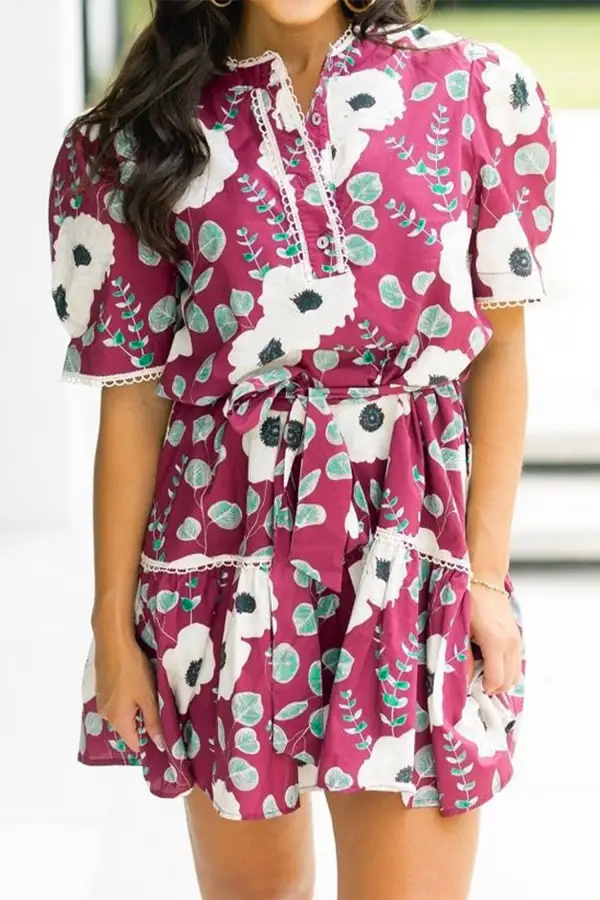 Trimmed Short Puff Sleeve Mini Dress with Belt