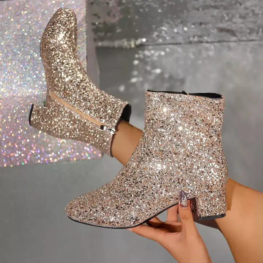 Sequin Round Toe Block Heel Boots