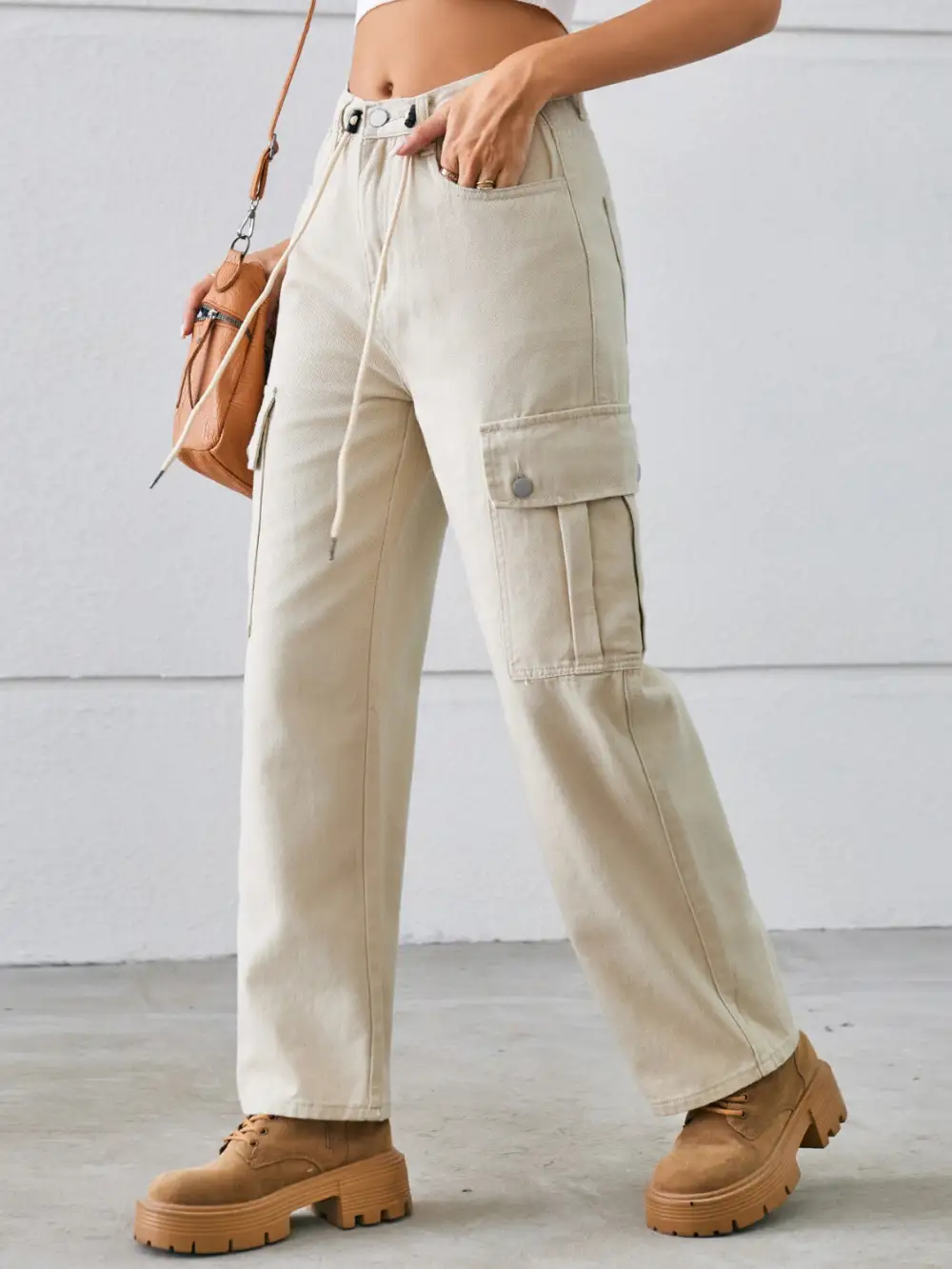 Drawstring Mid Rise Waist Straight Cargo Jeans