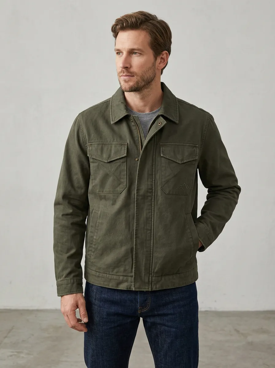 Men's Outdoor Mountain Graphic Embroidered Olive Field Jacket