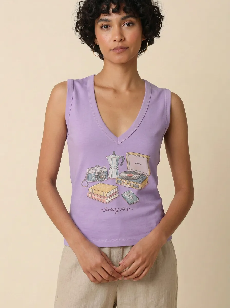 Women's Travel Lover Journey Notes Camera Record Player Printed Tank Top
