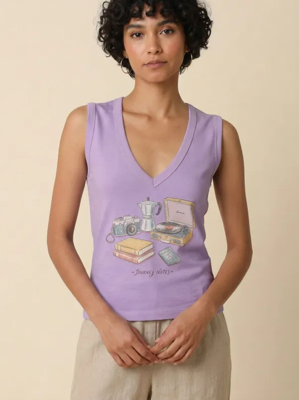 Women's Travel Lover Journey Notes Camera Record Player Printed Tank Top