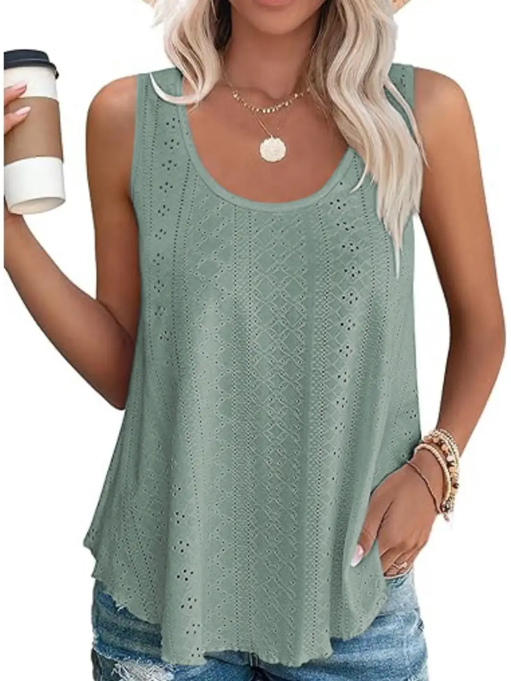 Eyelet Scoop Neck Tank