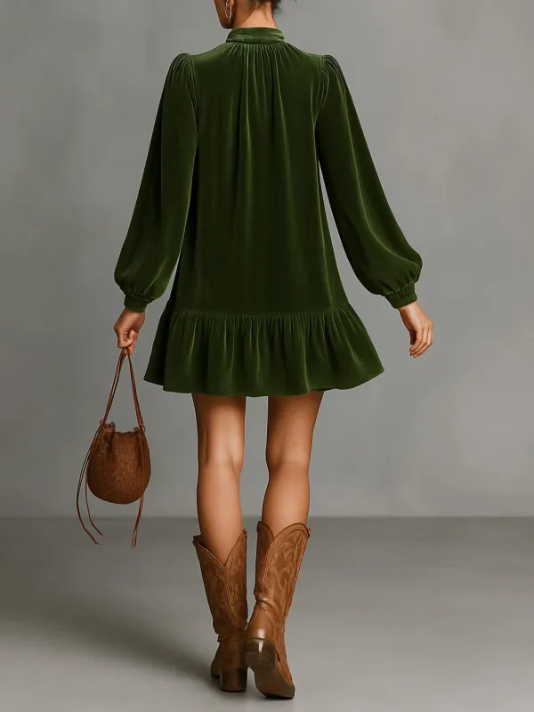 Tie Neck Loose Velvet Heyb Mini Dress