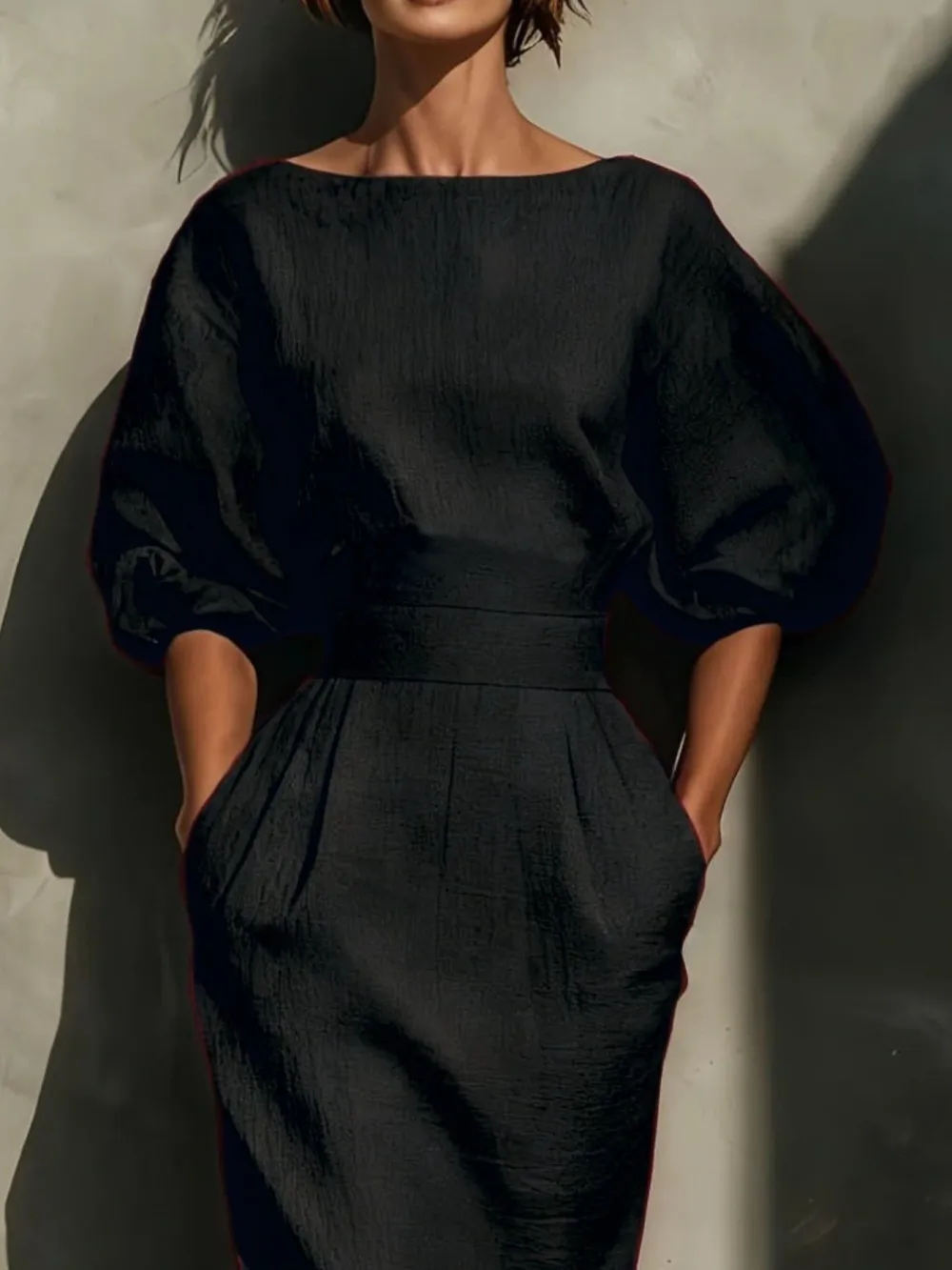 Round Neck Puff Sleeve Midi Dress