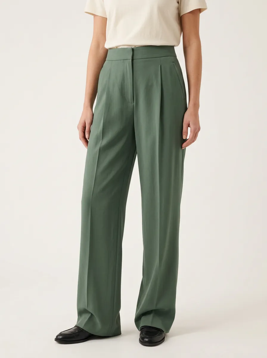 Simple Pleated High Rise Wide Leg Trousers