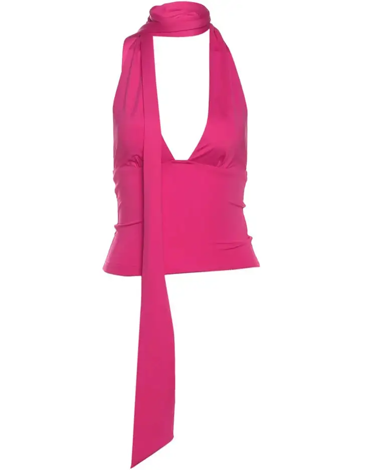 Scarf-Detail Halter-Neck Cropped Backless Tank Top