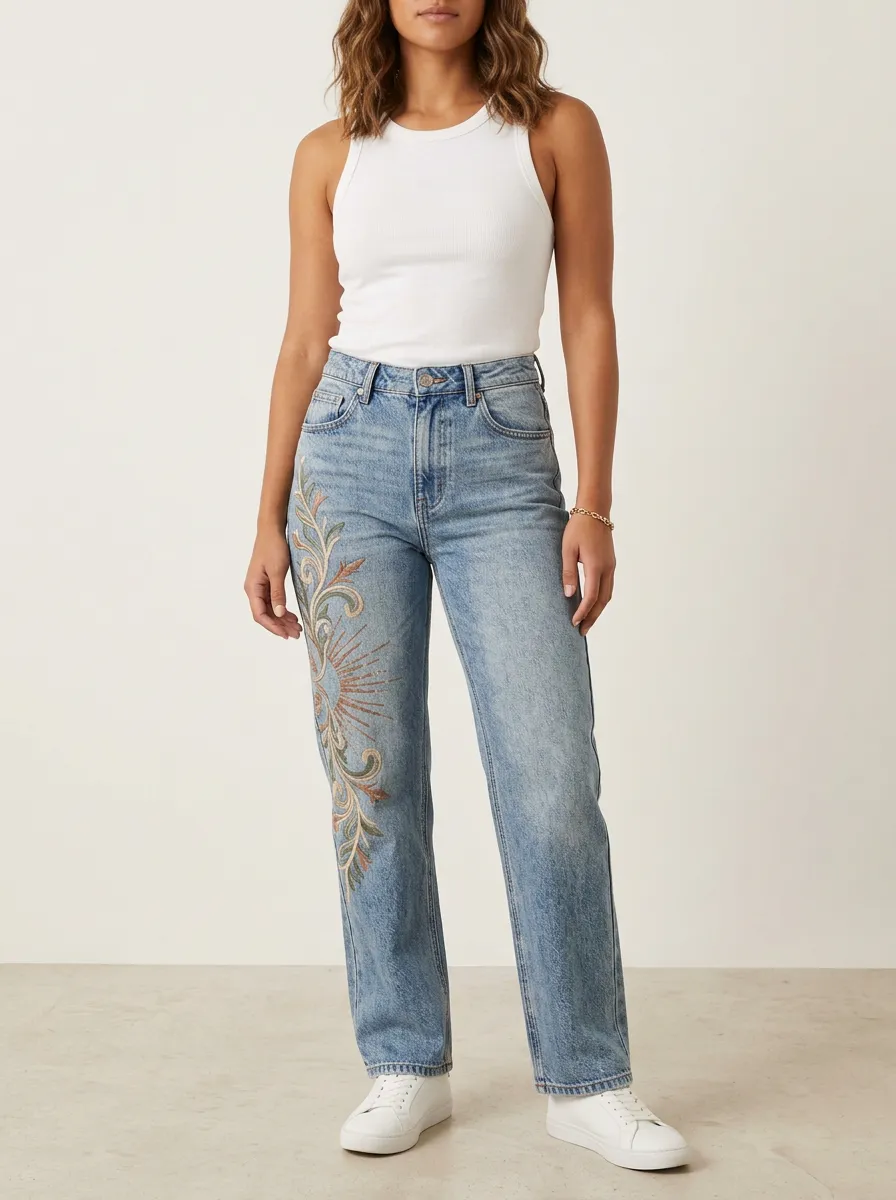 Women's Boho Sun Floral Embroidered Printed Straight Leg Jeans