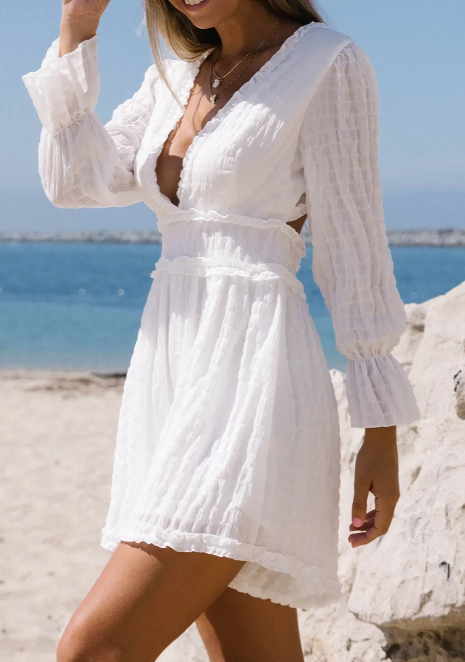 Textured Frill V Neck Bell Sleeve Mini Dress