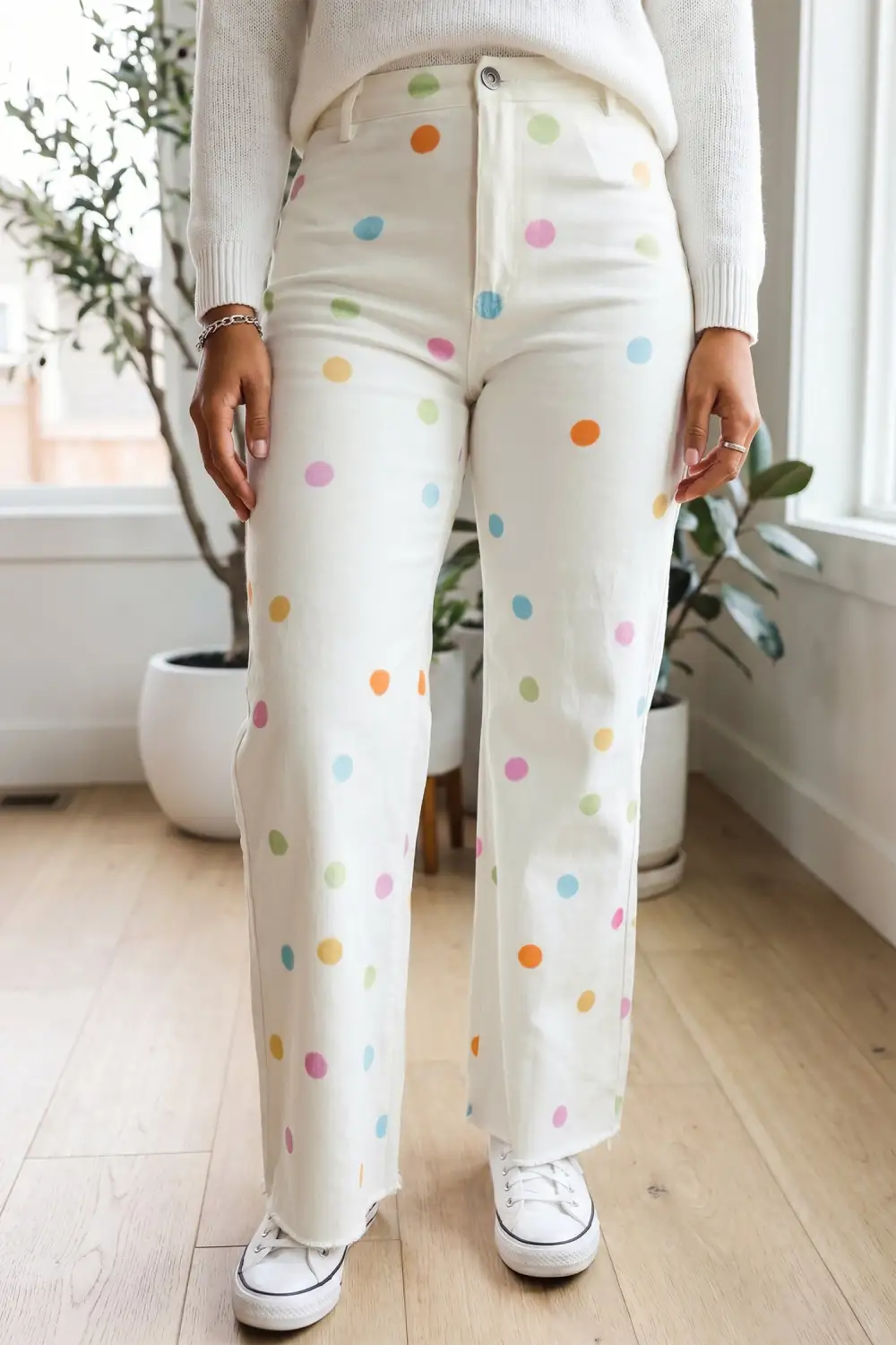 Women's High Waist Polka Dot Straight Leg Casual Jeans