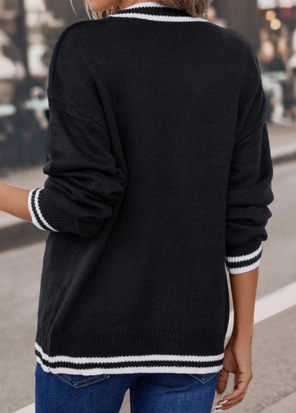 Black Button Long Sleeve V Neck Coat