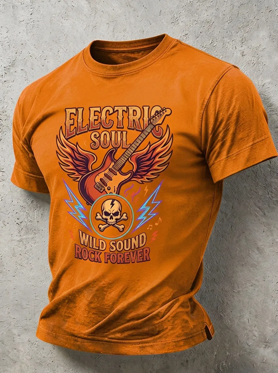 Men's Rock Music Lover Winged Guitar Skull Printed T-shirt