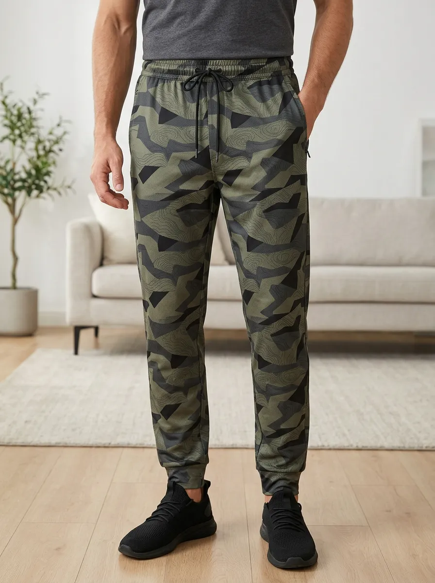 Men's Outdoor Adventure Camo Topographic Printed Jogger Pants