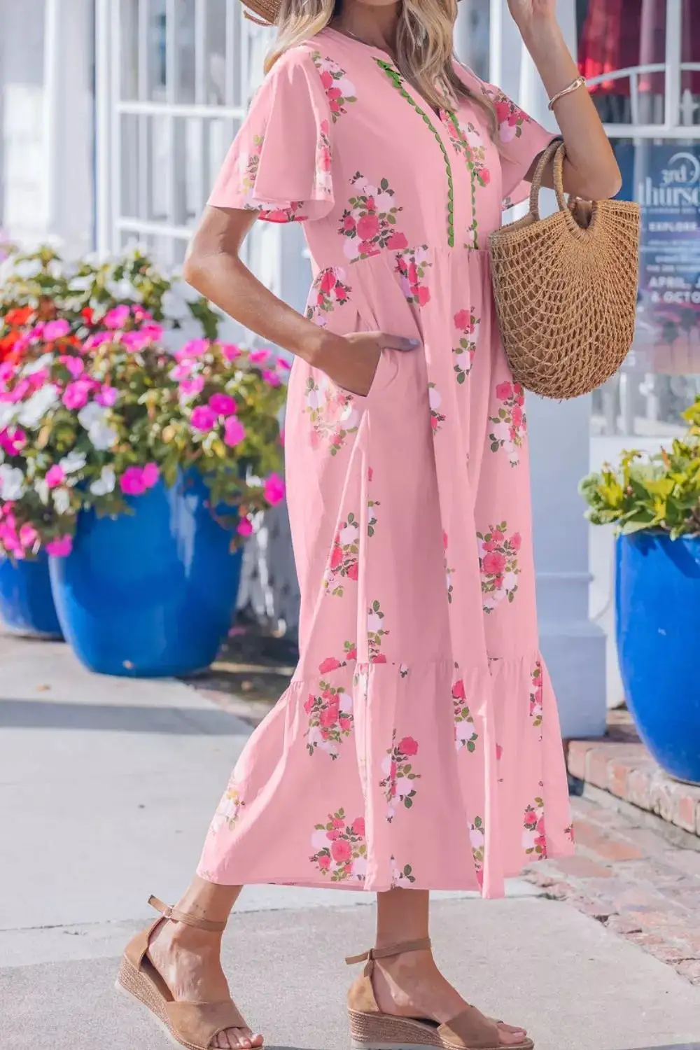 Floral Printed Split Neck Dress Casual