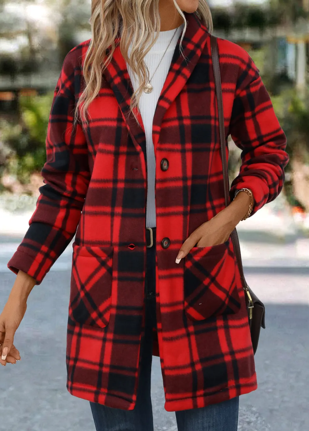 Red Pocket Plaid Long Sleeve Turn Down Collar Coat