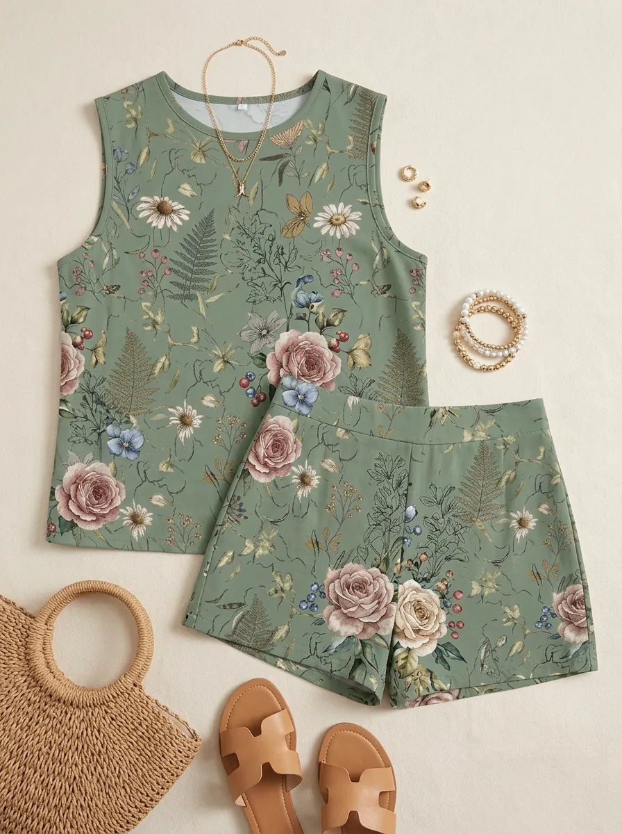 Women's Botanical Floral Sage Green Printed Sleeveless Shorts Set